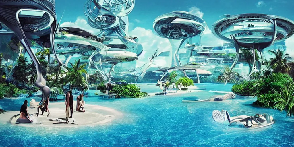 Image similar to futuristic paradise, real life picture, futuristic