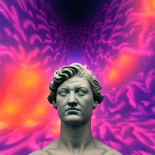 Image similar to 3 d sci - fi cgartist rendering of a hyper realistic marble greek statuary bust floating at the vast pulsating interdimensional fractal space portal at the psychedelic vaporwave event horizon directed by col price, trending on artstation
