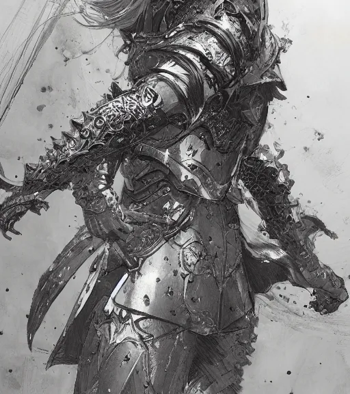 Image similar to anime woman in armor, pen and ink, intricate line drawings, by craig mullins, ruan jia, kentaro miura, greg rutkowski, loundraw