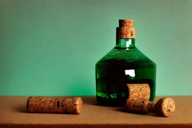 Image similar to small potion with a cork top filled with a green and turquoise gradient liquid, on a desk, old film photo