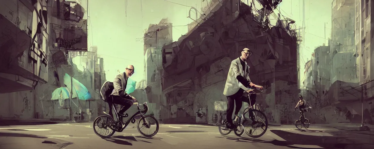 Image similar to duotone noir concept illustration 3 / 4 portrait of dr. albert hofmannn taking a trip on a bicycle. cinematic scene. vlumetric lighting. golden rario accidental renaissance. by sachin teng and sergey kolesov and ruan jia and heng z. graffiti art, scifi, fantasy, hyper detailed. octane render. concept art. trending on artstation