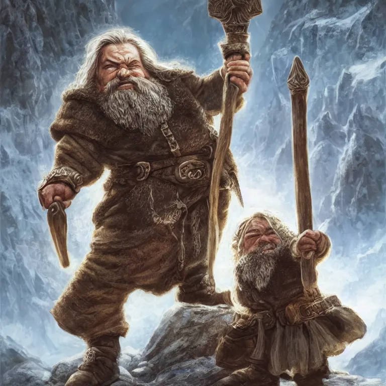 Image similar to dwarf with hammer in mountains, lord of the rings style, fantasy, poster, character portrait, portrait, close up, concept art, intricate details, highly detailed, full body, 8 k, detailed face, body