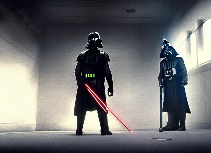 Prompt: film still of Darth Vader working as a janitor in the new Star Wars movie, 4k