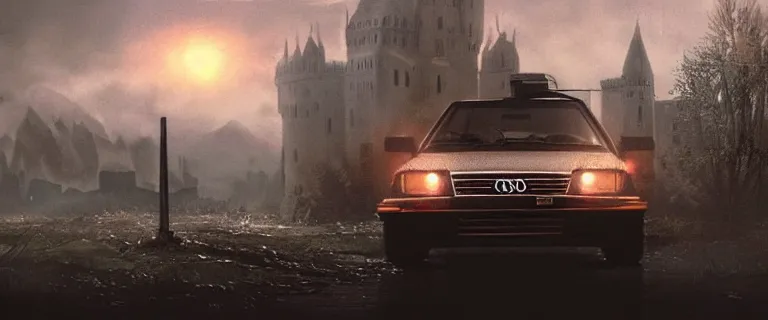 Image similar to Armored and Armed Audi 80 B3 Avant (1988) with a mounted M249, Dark Souls 3, a grim fantasy, Anor Londo, dramatic lighting, cinematic, establishing shot, extremely high detail, photorealistic, cinematic lighting, artstation, by simon stalenhag