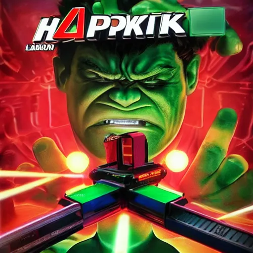 Image similar to Accidents, The Hulk working as a 7/11 cashier using a red laser scanner, cash register, red laser scanner, wide wide shot, very detailed, beautiful lighting, red laser, broken counter, broken, fire, smoke