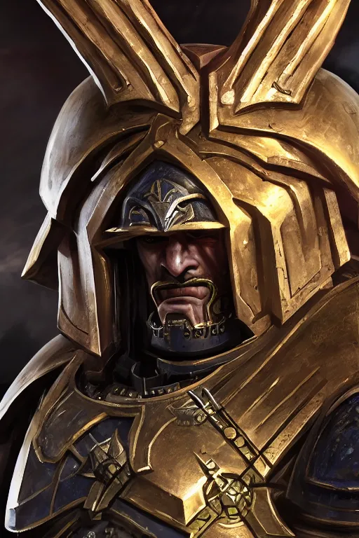 Image similar to armor portrait heros warhammer 4 0 k horus heresy fanart - the primarchs emperor by johannes helgeson animated with vfx concept artist & illustrator global illumination ray tracing hdr fanart arstation zbrush central hardmesh 8 k octane renderer