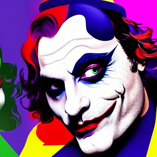 Prompt: richard hamilton and mimmo rottela as lady gaga harley queen and joaquin phoenix joker kissing, pop art, medium shot, 3 color, separate content, object details, dynamic composition, 4 k, ultra realistic art, smooth, sharp focus, illustration, concept art, intricate details, h 7 6 8