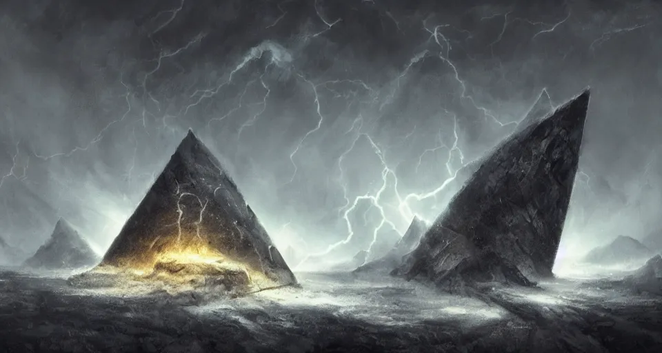 Prompt: black lovecraftian eldritch!! obsidian covered in etching pyramid!! on a black desert, being found by explorers, snowy, windy, by eugene von guerard, ivan shishkin, night, lightning!!, storm!, dramatic lighting, concept art, trending on artstation, 8 k