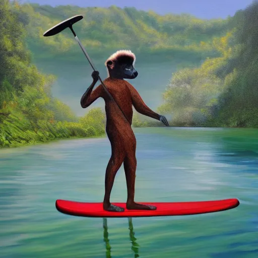 Image similar to a realistic oil paintig of a human - sized lemur on a stand up paddleboard floating down the middle of a river with cliffs on either side, digital art, highly detailed, landscape art, rule of thirds, summer lighting