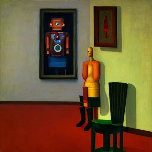 Image similar to robot therapist, portrait, grant wood, pj crook, edward hopper, oil on canvas