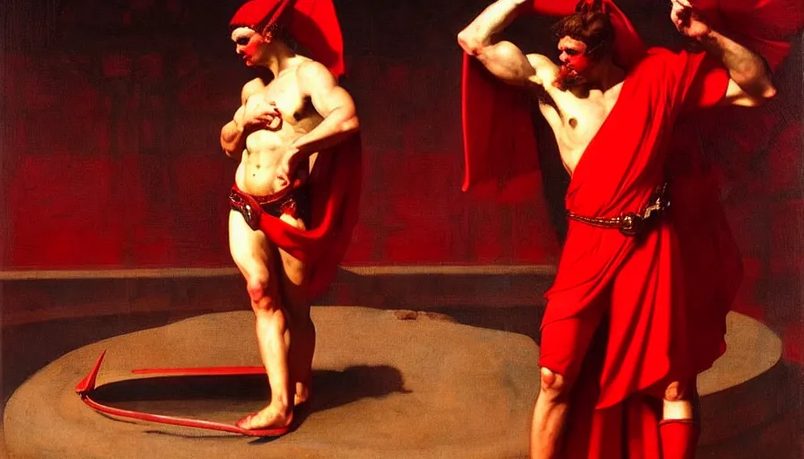 Image similar to only with red, a red gladiator in a crowded roman amphitheatre, crowd cheers him, in the style of rolf armstrong and ambrosius benson and edward hopper, intricate and epic composition, red by caravaggio, highly detailed, masterpiece, red light, artstation