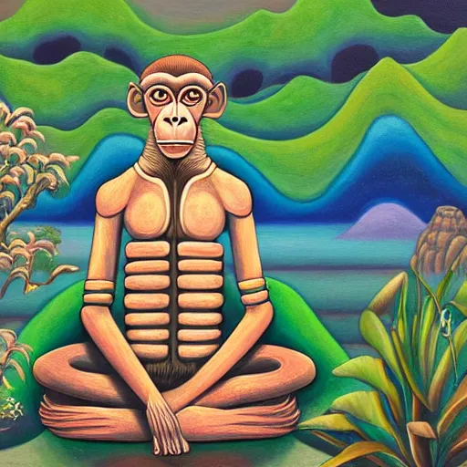 Prompt: an anthromorphic cyborg monkey man meditating in a zen garden, by amanda clark and amanda sage in a psychedelic style, oil on canvas