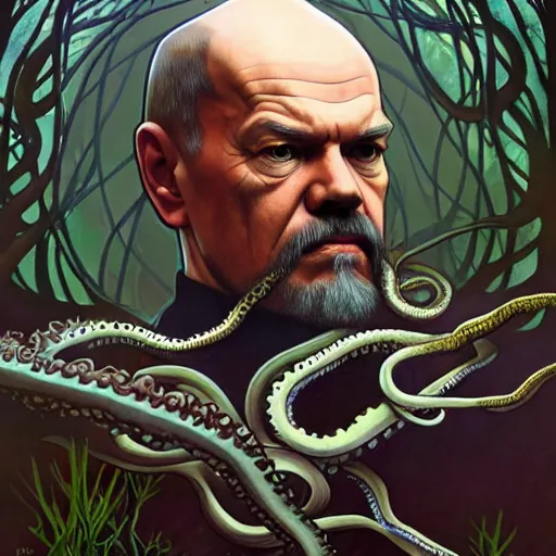 Image similar to photo of vladimir lenin and octopus hybrid with tentacles in the forest, highly detailed, digital painting, artstation, smooth, sharp focus, illustration, art by artgerm and greg rutkowski and alphonse mucha