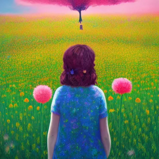 Prompt: girl with a enlarged flower instead of face, surreal photography, dream, standing in flower field, hills, big trees, sunrise dramatic light, impressionist painting, colorful clouds, digital painting, pointillism, artstation, simon stalenhag, flower face