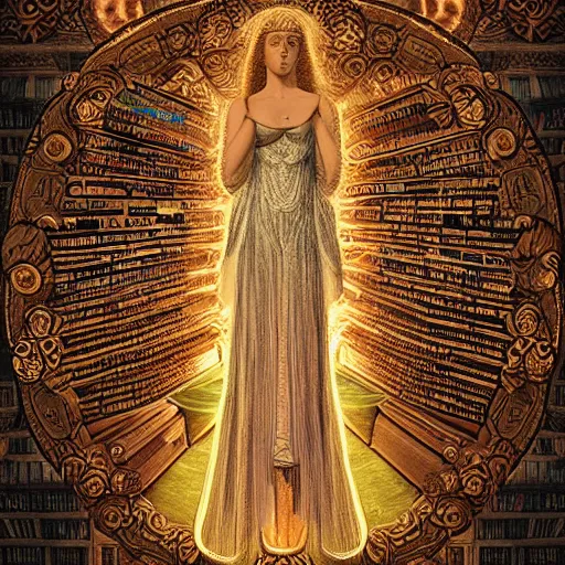 Image similar to 3 d goddess minerva, medium shot portrait. beautiful hyperrealistic intricate highly detailed and richly embroidered with esoteric symbols gown, surrounded by stacks of books bioluminescent, curious, plasma, 4 k surrealism