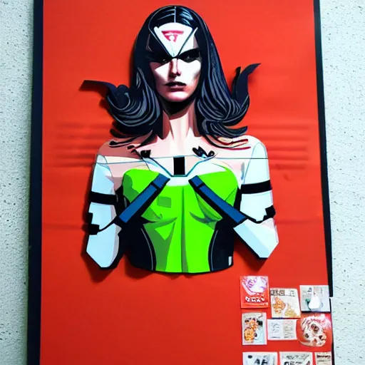 Prompt: portrait of a female android, superhero comics cutouts, by Sandra Chevrier