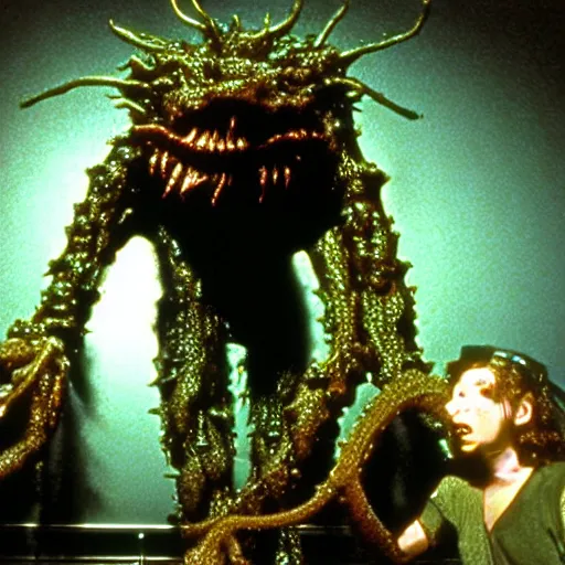 Image similar to Gross animatronic movie-monster from an 80's horror movie, slimy, tentacles emerging from its fang filled mouth, multi-jointed, vile, The Thing style, Rob Bottin style