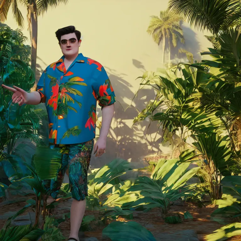 Prompt: a cinematic shot of palmer luckey, aloha shirt, colorful, octane render, volumetric lighting, nvidia raytracing demo, by Andy Thomas, Mario Martinez, Daniel Mirante, Gustave Dore, Artstation, CGsociety, masterpiece