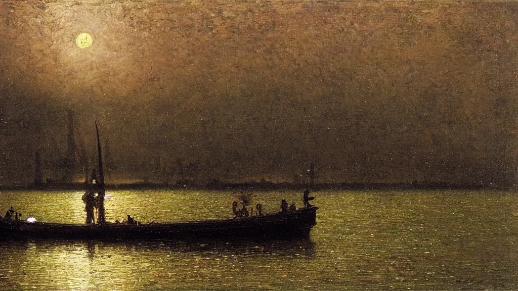 Prompt: an anglo - saxon funerary barge sailing in the middle of a lake, midnight, greenish moonlight, haunted, close up, in the style of john atkinson grimshaw, john william waterhouse, oil on canvas