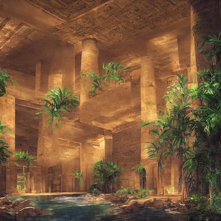 Image similar to interior of a ancient egyptian palace with plants and waterfalls, retrowave art, trending on art station