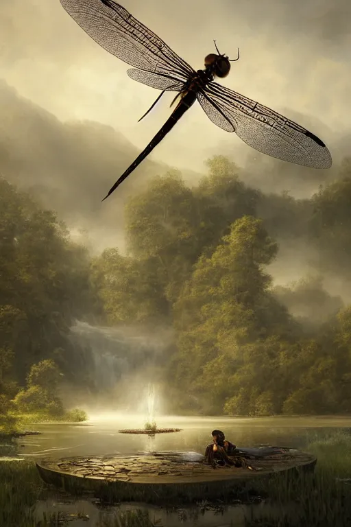 Image similar to a portrait of a dragonfly above a pond by Greg Rutkowski, Sung Choi, Mitchell Mohrhauser, Maciej Kuciara, Johnson Ting, Maxim Verehin, Peter Konig, final fantasy , mythical, 8k photorealistic, cinematic lighting, HD, high details, atmospheric,