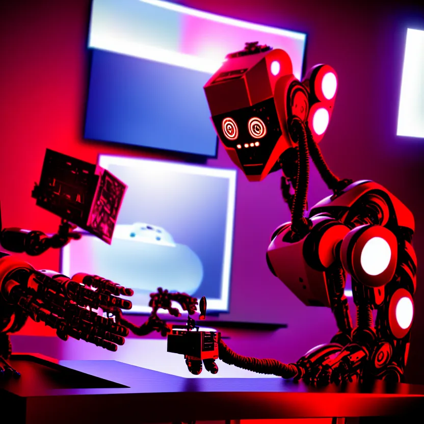 Image similar to a film still of a robot playing video games, cool, red, photo, realistic, hd, intricate details, cyberpunk, dark, horror, award - winning cinematic lighting, beautiful, 1 6 k