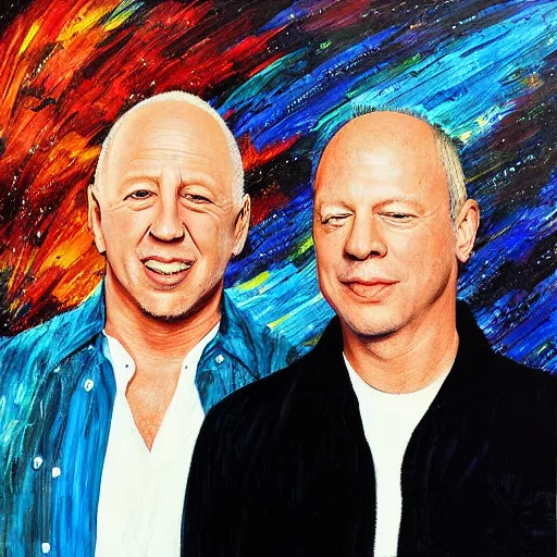 Image similar to portrait of mark knopfler with david gilmour, joyful, highly detailed painting by akira toriyama, 8 k