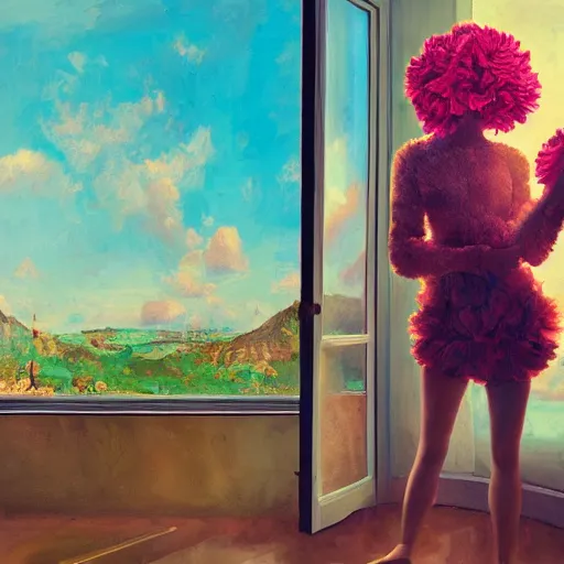 Image similar to giant carnation flower head, woman standing next to modern window in luxury loft, surreal photography, sunlight, impressionist painting, digital painting, artstation, simon stalenhag