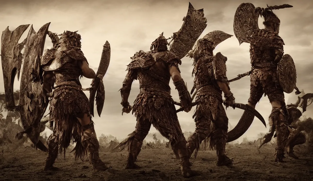 Image similar to long distance photo of two ancient tribesman standing against barbarians, in armor from monster hunter, attacking barbarian horde in the background, back shot, muscular bodies, dramatic lighting, cinematic, establishing shot, extremely high detail, photorealistic, 300 the movie,monster hunter the movie, monster hunter, cinematic lighting, artstation, octane render, western,old photo, vintage