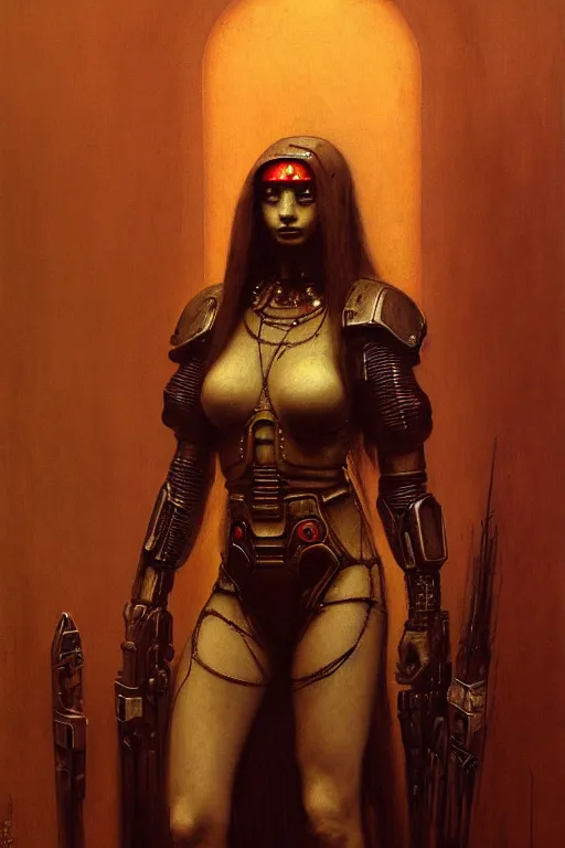 Image similar to character portrait cyberpunk starcraft terran warhammer 4 0 k space marine tech priest warrior princess ( ( ( ( ( ( ( ( totally definitely not negative no not mona lisa inspired ) ) ) ) ) ) ), beksinski character design, painting by gaston bussiere, katsuya terada, frank frazetta, tom of finland, trending on artstation