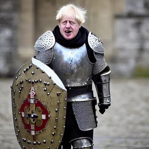 Image similar to Boris Johnson with armour like a medieval knight, photo