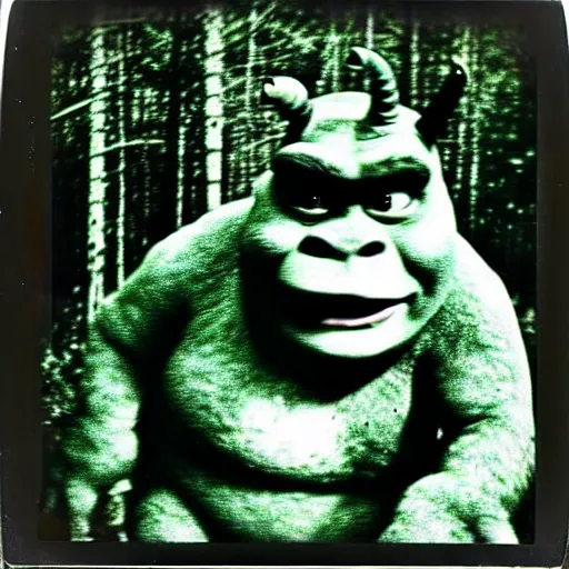 Prompt: 1 9 6 0's old polaroid of monster shrek staring from the depths of the dark gloomy forest, photorealistic, grainy, found footage, old film, low quality, horror, creepy, unsettling, liminal, strangely terrifying