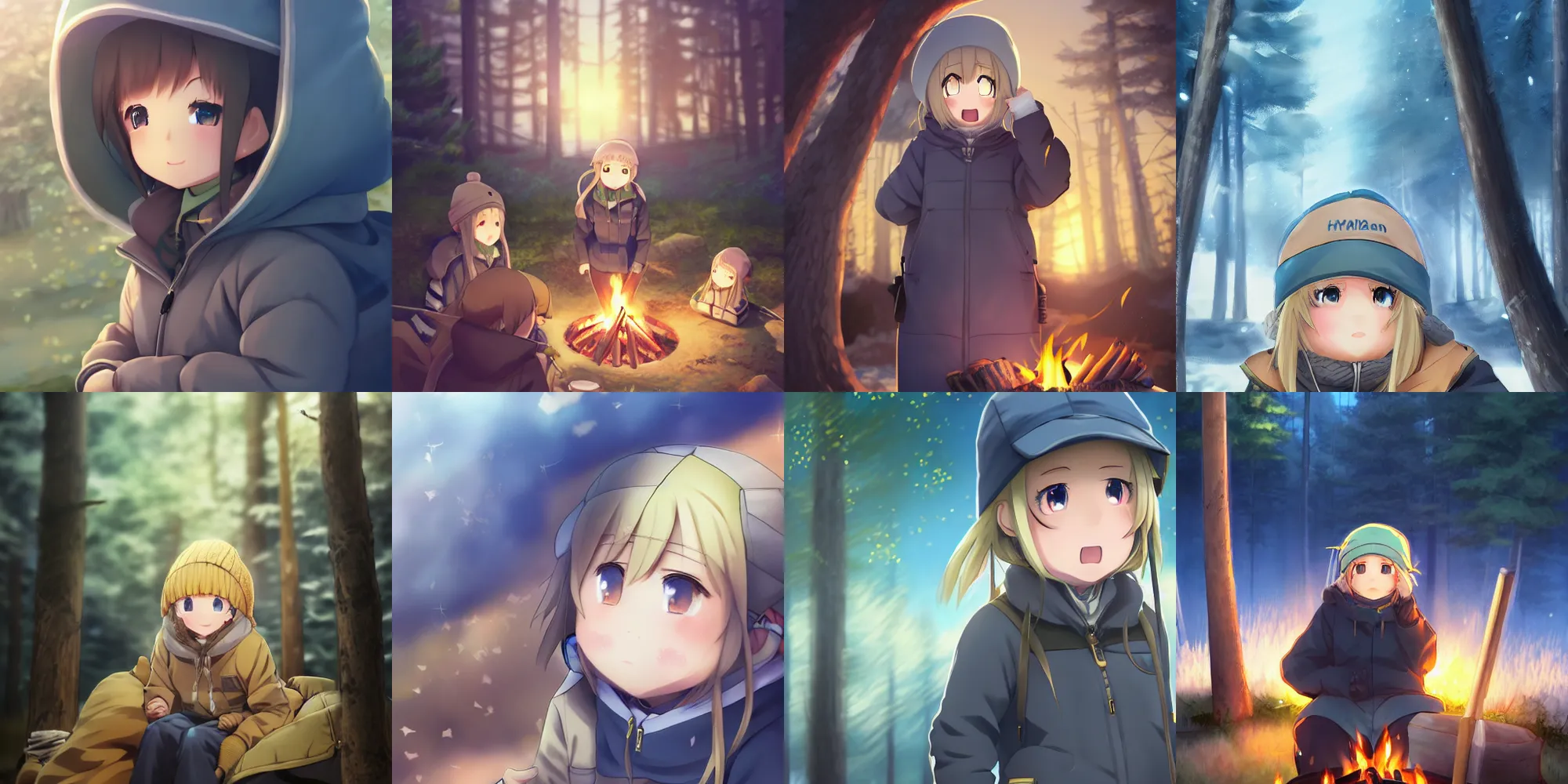 Prompt: yuru camp anime campfire hyperdetailed blue eyes, trending on artstation, cinematic lighting, highly realistically detailed, trending on pixiv , Unreal Engine 4k, detailed faces, manga cover, official anime key visual by sakimichan