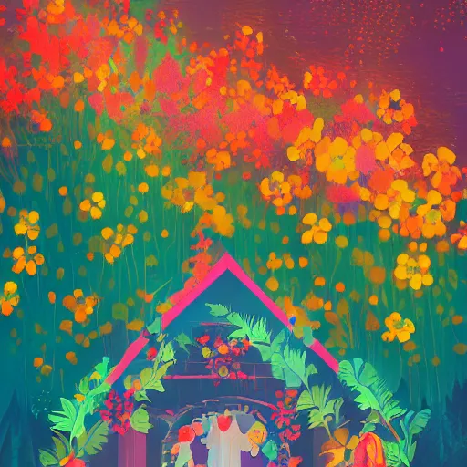 Image similar to camp half-blood, summer camp, spes cabin, hope flowers, happy colors, happiness, highly detailed, artstation, by alena aenami