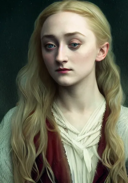 Image similar to sansa saoirse ronan vampire, intricate, elegant, highly detailed, digital painting, artstation, concept art, smooth, sharp focus, illustration, art by artgerm and greg rutkowski and alphonse mucha and william - adolphe bouguereau