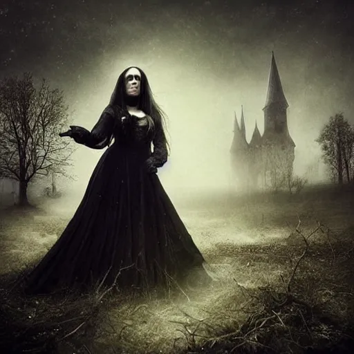 Image similar to Lay me down, in the cold cold ground, Where before many more have gone, When they come I will stand my ground, Stand my ground I will not be afraid, atmospheric lighting, gothic makeup, intricate, Transylvanian castle, volumetric lighting, beautiful, starlit sky, sharp focus, ultra-detailed, by Tom Bagshaw, Leesha Hannigan, Ross Tran, Thierry Doizon, Kai Carpenter, Ignacio Fernández Ríos