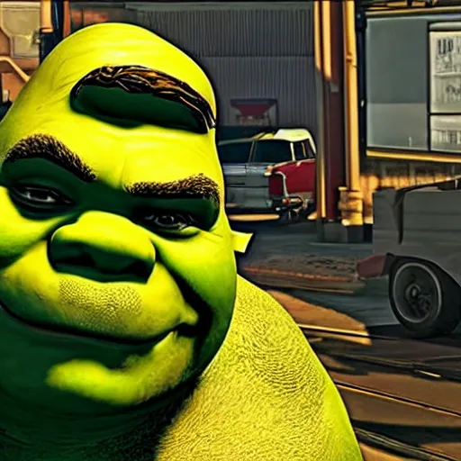 Image similar to Shrek in GTA V, Covert art by Stephen Bliss, Boxart, loading screen