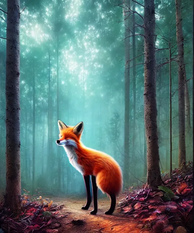 Image similar to a single realistic fox, walking through a psychedelic forest, wide angle landscape shot, pixar style by tristan eaton, artgerm and tom bagshaw