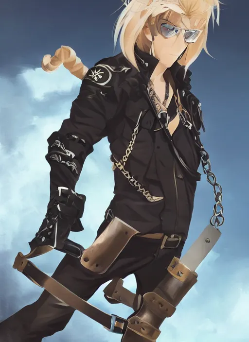 Image similar to a blonde boy thief in leathers with a metal armband in the style of krenz cushart