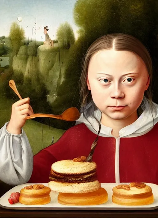 Image similar to greta thunberg eating cakes painted by hieronymus bosch, detailed digital art, trending on Artstation