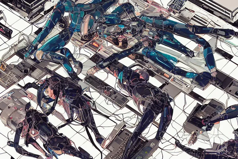 Image similar to a cyberpunk illustration of a group of female androids in style of masamune shirow, lying on an empty, white floor with their bodies scattered across, turned in different poses and cables and wires coming out, by yukito kishiro and katsuhiro otomo, hyper-detailed, intricate, view from above