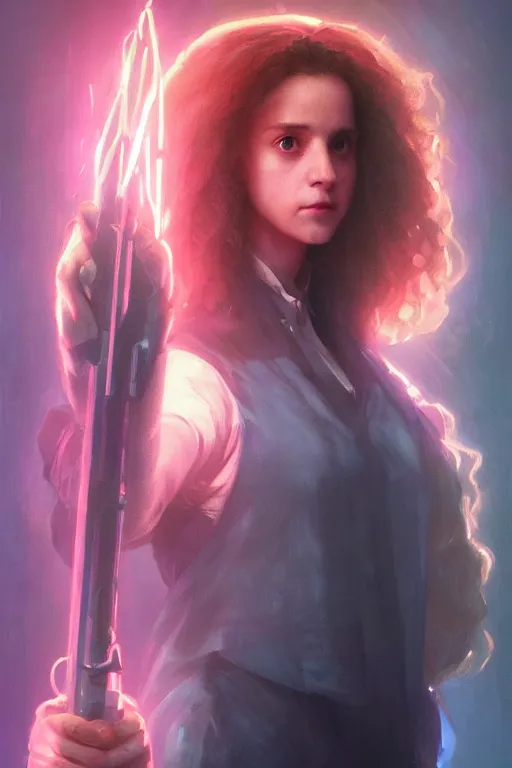 Prompt: portrait of Hermione Granger in cyberpunk, neon lighting, digital art from artstation by Ruan Jia and Mandy Jurgens and Artgerm and william-adolphe bouguereau and Greg Rutkowski and Wayne Barlowe