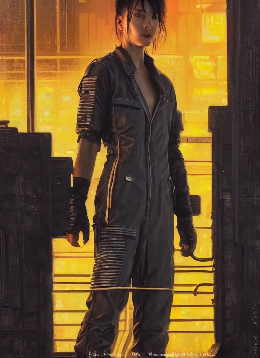 Image similar to Nikki Tanaka. Cyberpunk mechanic in jumpsuit (blade runner 2049, cyberpunk 2077). Orientalist portrait by john william waterhouse and James Gurney and Theodore Ralli and Nasreddine Dinet, oil on canvas. Cinematic, hyper realism, realistic proportions, dramatic lighting, high detail 4k