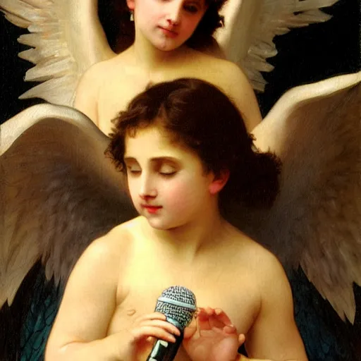 Prompt: an oil painting of an angel singing holding microphone on one hand, by Bouguereau, highly detailed and intricate,