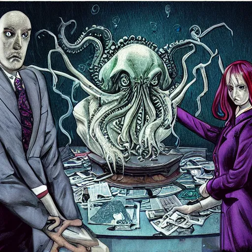 Image similar to Cthulhu as a modern day business man with a family and a drug and gambling addiction, necronomicon is the family Bible , Junji Ito and Greg rutkowski, psychedelic , 50s style infomercial , award winning , retro futuristic