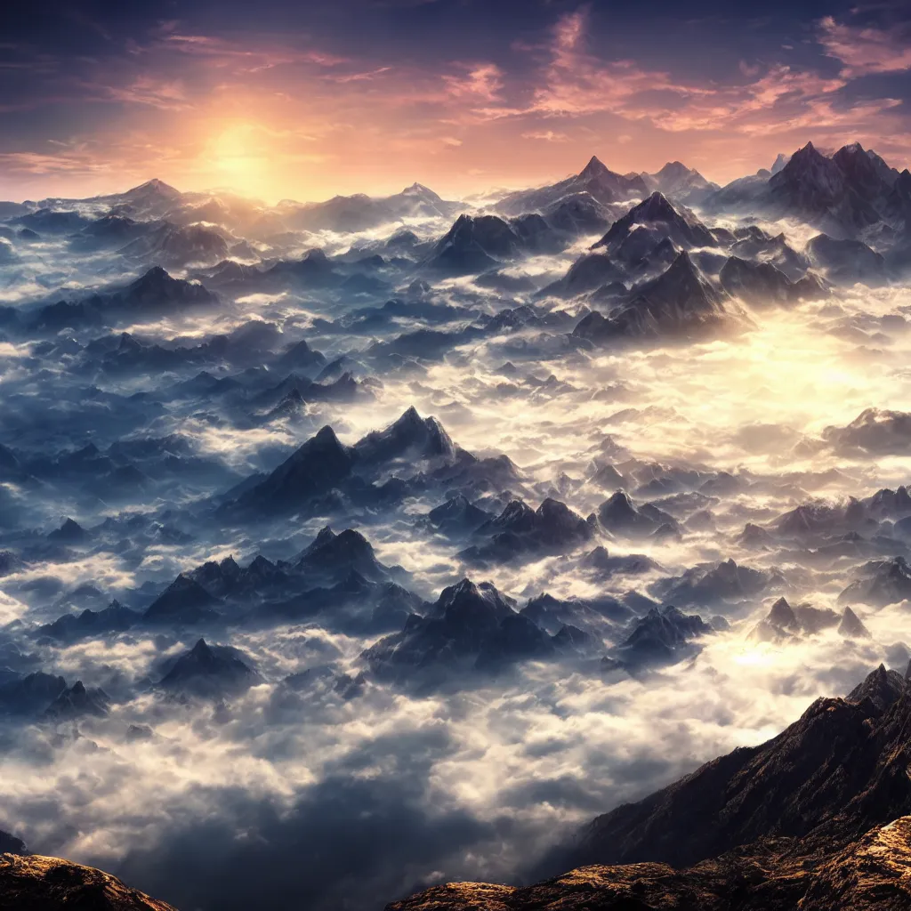Prompt: mountain ridge, dramatic, ultra - wide angle, long exposure, ultra - hd, beautiful lighting, ray tracing global illumination, in a symbolic and meaningful style, above the clouds at sunset, trending on artstation, concept art, hyper realism