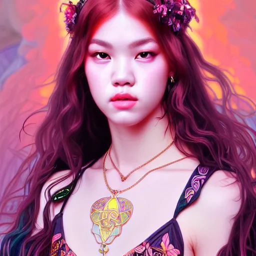 Image similar to portrait of jossi of blackpink, goddess of hell, highly detailed, digital painting, smooth, sharp focus, illustration, ultra realistic, 8 k, art by artgerm and alphonse mucha