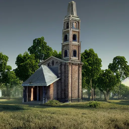 Image similar to church covered with vegetation volumetric lighting unreal engine vray tilt shift sun rays matte painting hyperrealism deviantart 8 k 3 d