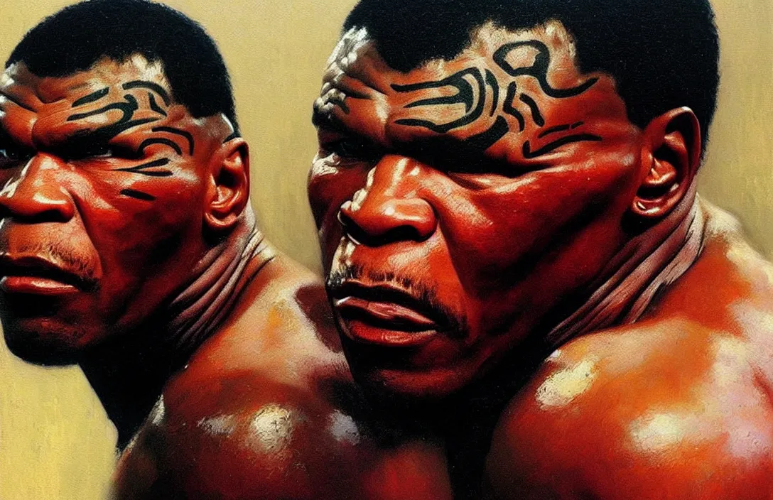 Prompt: portrait of 1 9 8 0's mike tyson!!!!!!!!!!!!!!!!!!!!!!!!!!!, detailed face, detailed painting,, epic lighting, by ilya repin, phil hale and kent williams