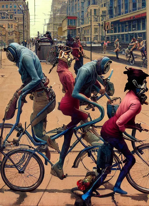 Prompt: realistic detailed image of an skinny dead people with gas masks and oxygen tanks crossing a busy street, people on bikes in the style of Francis Bacon, Surreal, Norman Rockwell and James Jean, Greg Hildebrandt, and Mark Brooks, triadic color scheme, By Greg Rutkowski, in the style of Francis Bacon and Syd Mead and Edward Hopper and Norman Rockwell and Beksinski, open ceiling, highly detailed, painted by Francis Bacon, painted by James Gilleard, surrealism, airbrush, Ilya Kuvshinov, WLOP, Stanley Artgerm, very coherent, art by Takato Yamamoto and James Jean